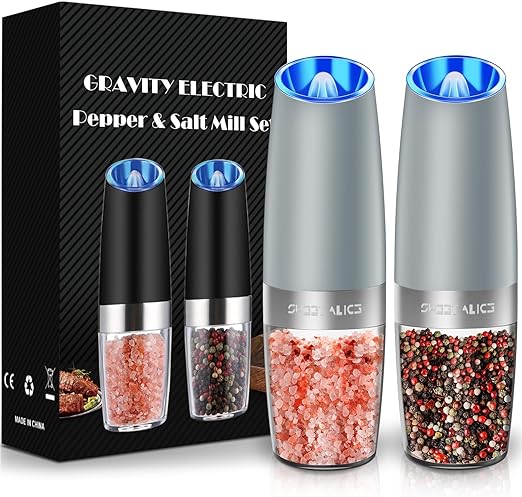 Sweet Alice Gravity Electric Pepper and Salt Grinder Set, Adjustable Coarseness, Battery Powered with LED Light, One Hand Automatic Operation, Light Grey, 2 Pack