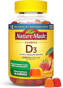 Nature Made Extra Strength Vitamin D3 5000 IU (125 mcg) per serving, Dietary Supplement for Bone, 80 Gummies