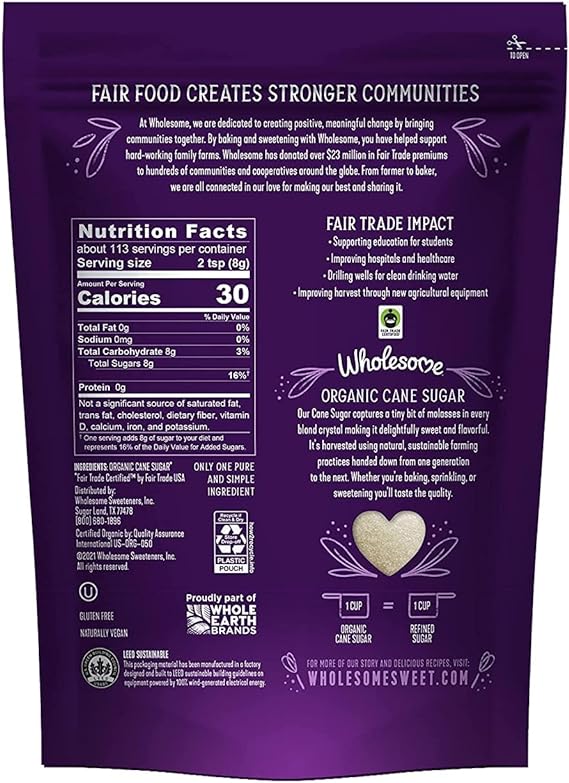 Wholesome Organic Cane Sugar, Fair Trade, Non GMO & Gluten Free, 1 Pound