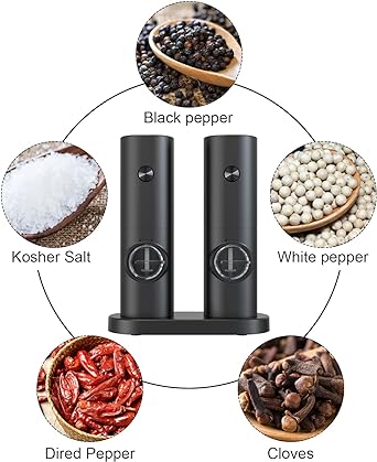 COKUNST Electric Pepper and Salt Grinder Set, Battery Powered Adjustable 5 Levels of Coarseness Black Pepper Grinder Mill with Stand, Automa