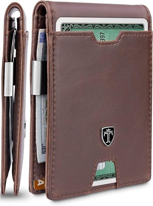 TRAVANDO Mens Slim Wallet with Money Clip AUSTIN RFID Blocking Bifold Credit Card Holder for Men with Gift Box, Chocolate Brown