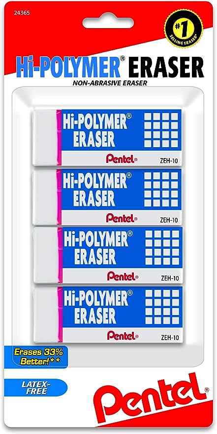 Pentel Hi-Polymer Block Eraser, Large, White, Pack of 4 (ZEH10BP4)
